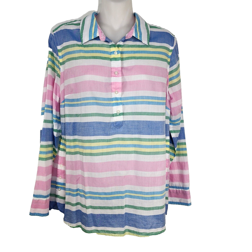 Talbots Petite Women Top SP Colorful Pastel Popover Beach Club Stripe Long Slv